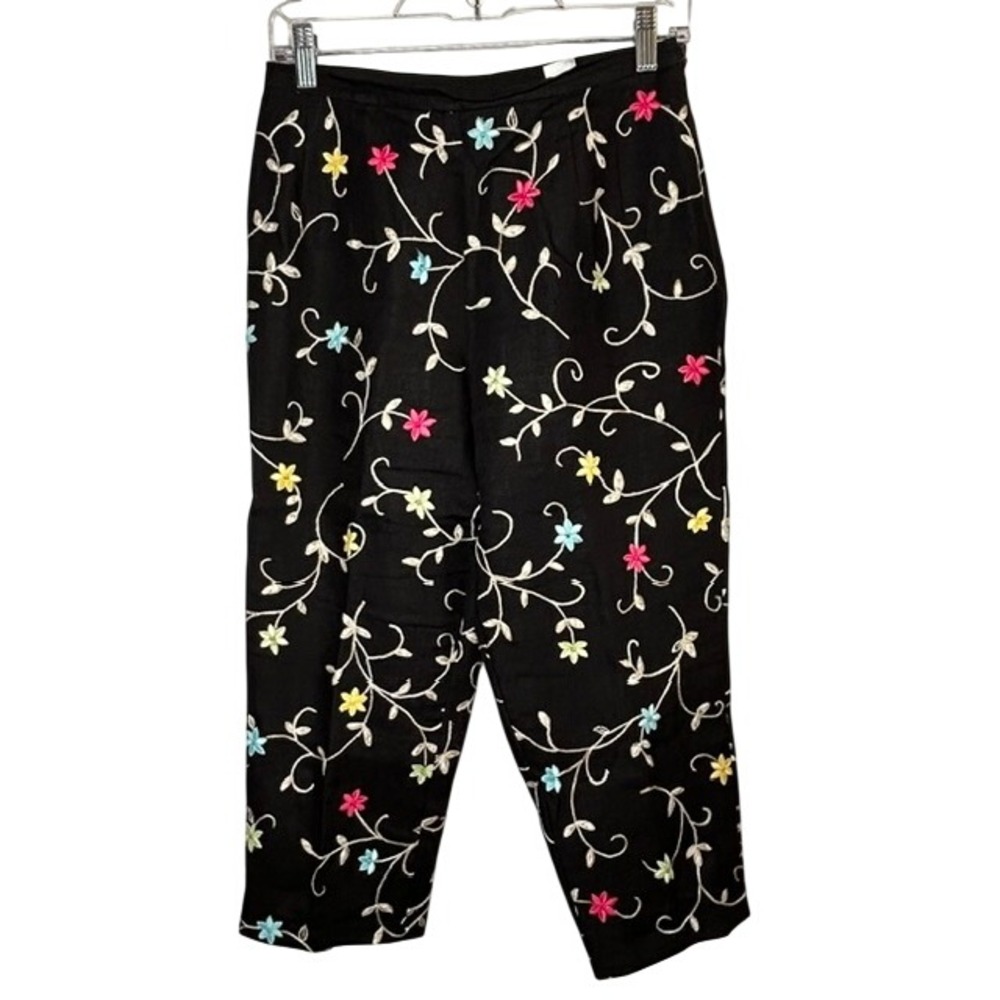 Vintage Talbots Women's Black Irish Linen Pants Colorful Floral Embroidery 8